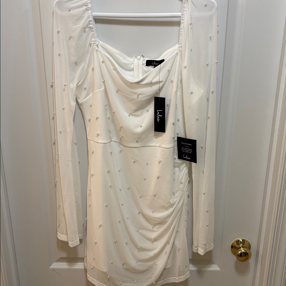 Lulu's Ivory Pearl-Embellished Long-Sleeve Mini Dress
